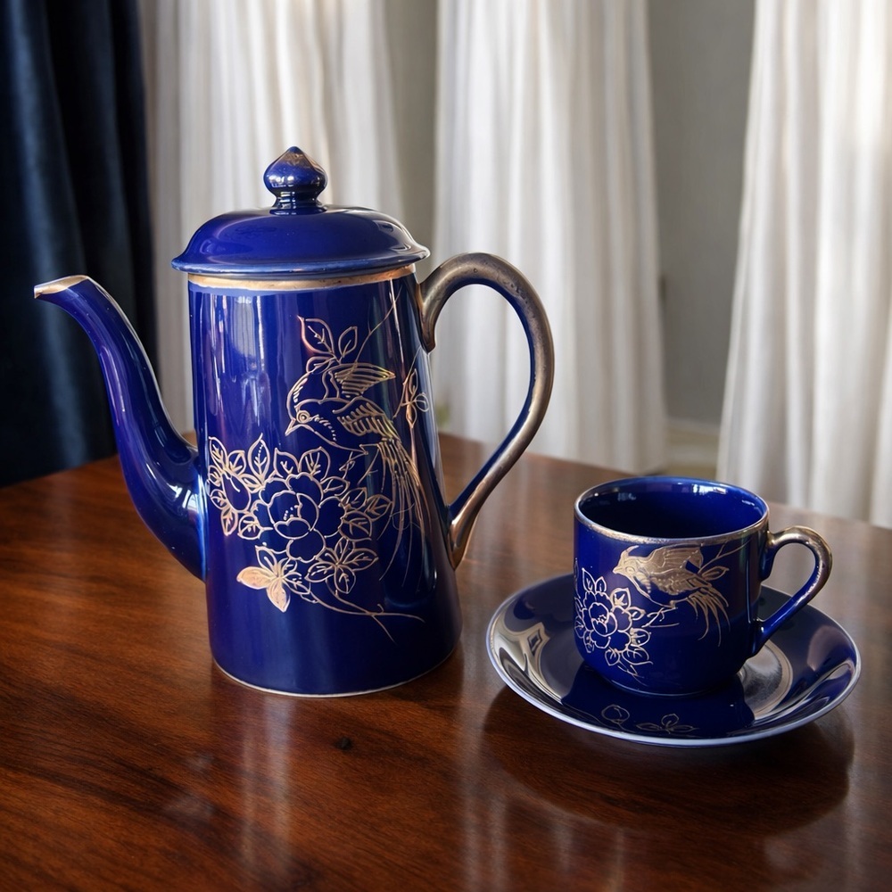 Chikaramachi Noritake Cobalt Blue Gold Bird Coffee Pot Cup Saucer Japan Vtg 40s